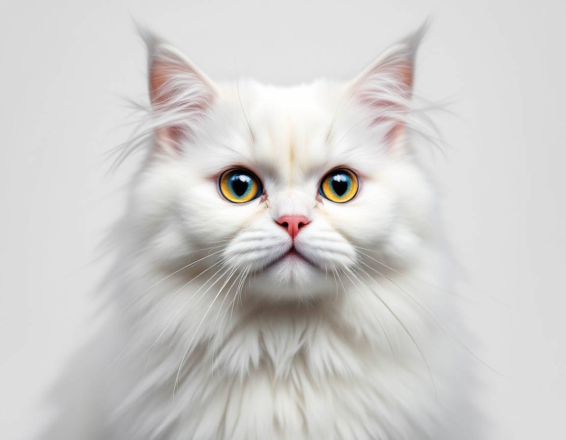 Close-up portrait of cat on a white background, with its alert expression and intricate details of its fur and whiskers in sharp focus.